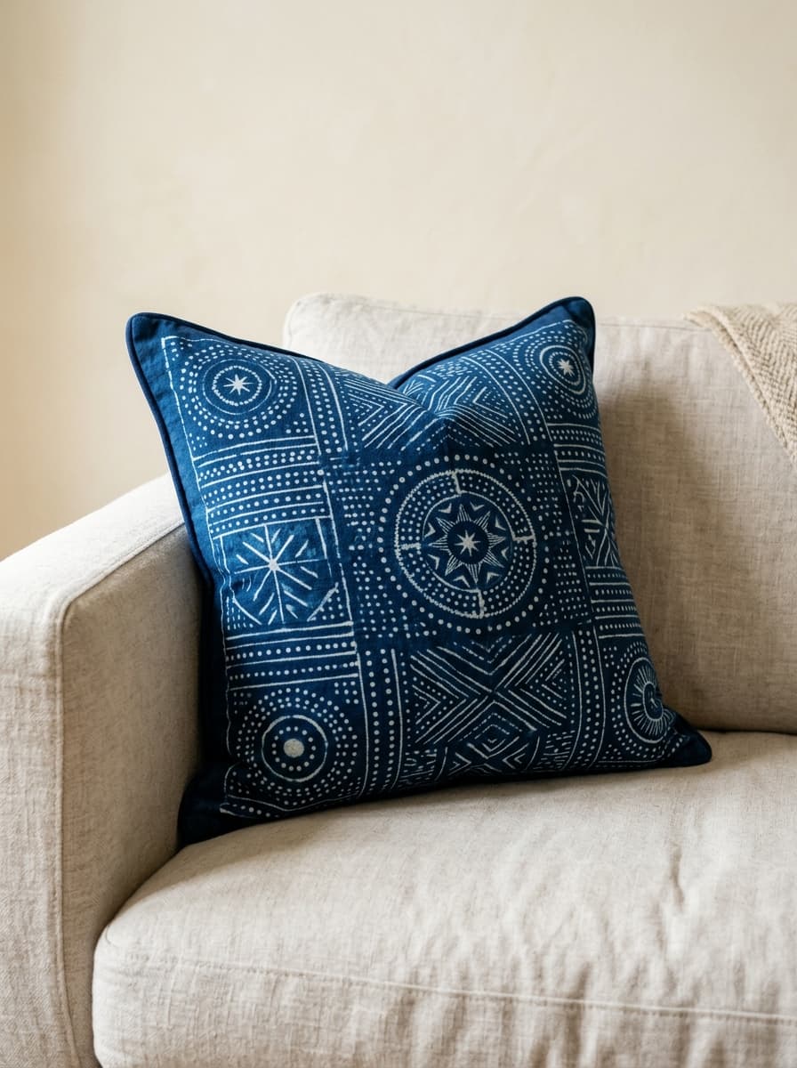 Adire resist-dyed indigo cushion on linen sofa