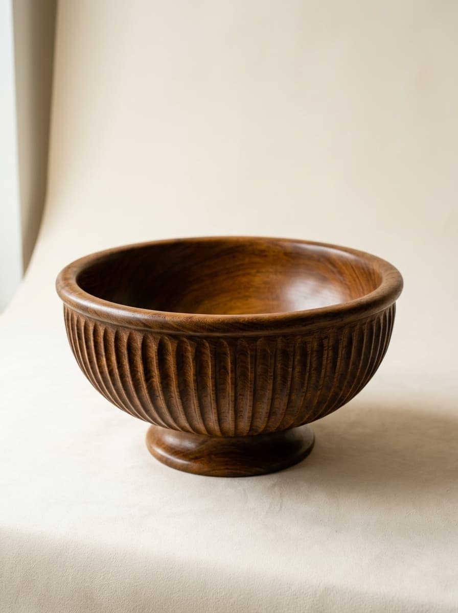 Hand-carved fluted iroko wood pedestal bowl