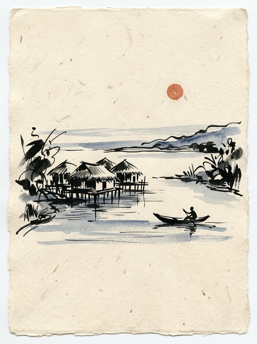 Quiet Lagoon with Canoe original work on paper by Tariq Osei