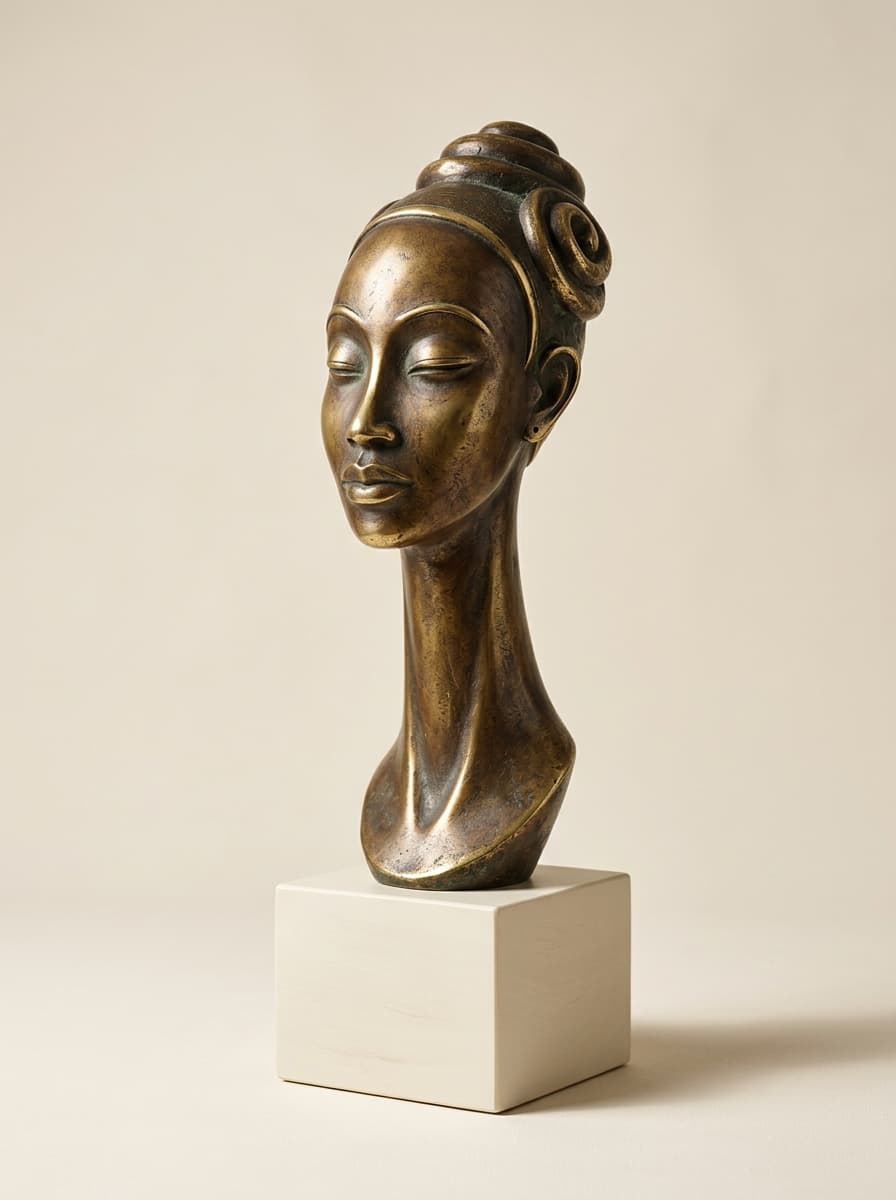 The Silent Listener cast bronze sculpture on limestone plinth by Chinwe Okoli