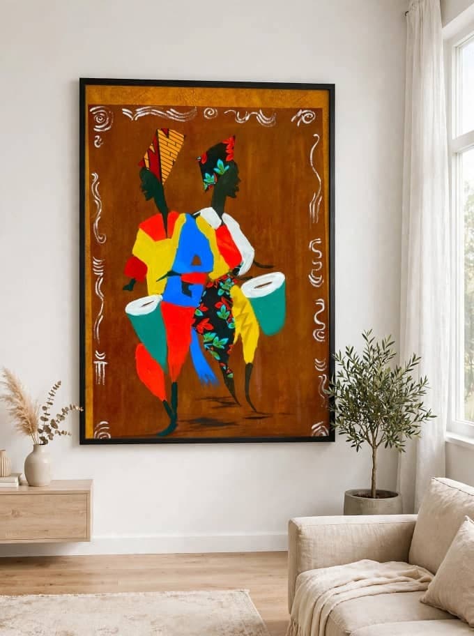 Ceremonial Drummers canvas in a sunlit living room